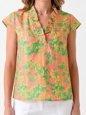 DEVON BAER Ruffle Collar Silk Top - Cap Sleeve Blouse Tropical Pink Green Bamboo